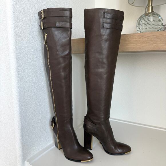 MICHAEL KORS Over the Knee Leather Boots Brown Gold Trim Size 38 Tall Heeled - Picture 1 of 11